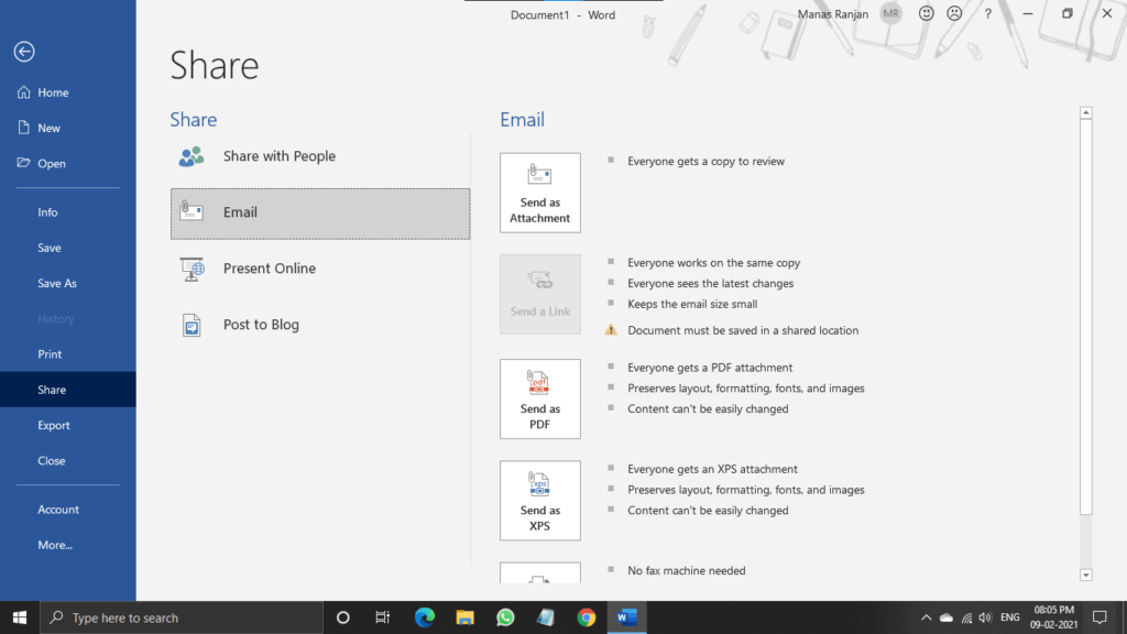 Email Interface in ms word