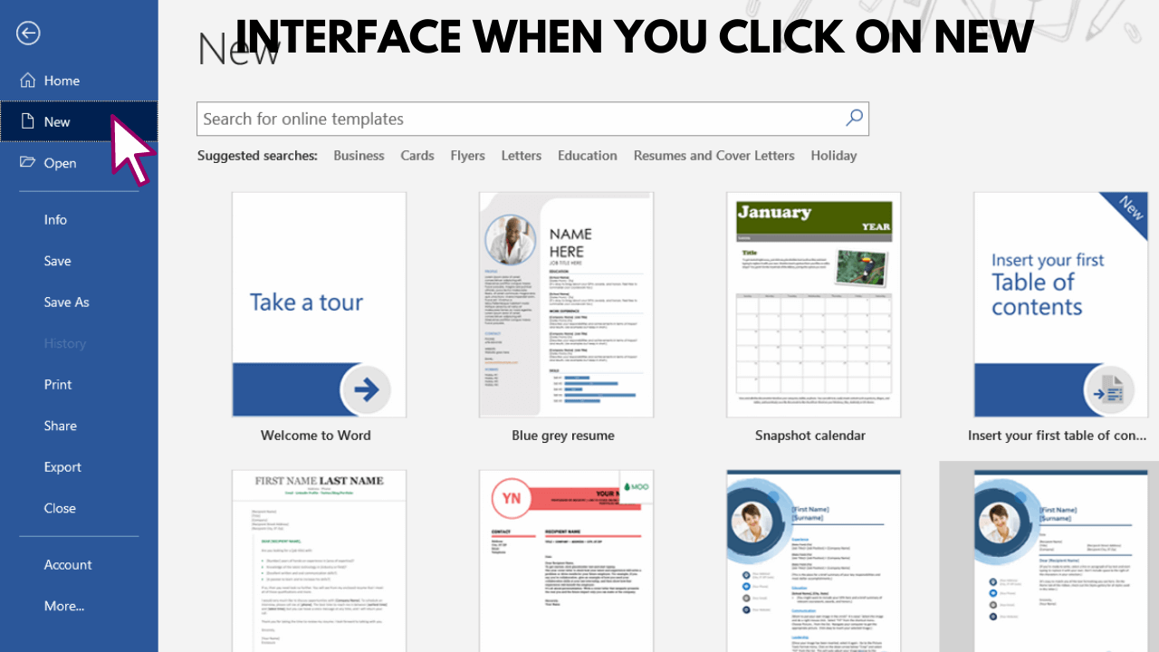 New page interface in Microsoft Word