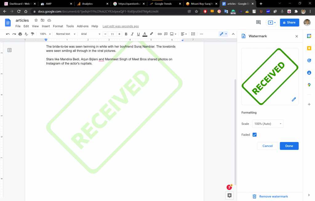 how to add watermark in google gocs